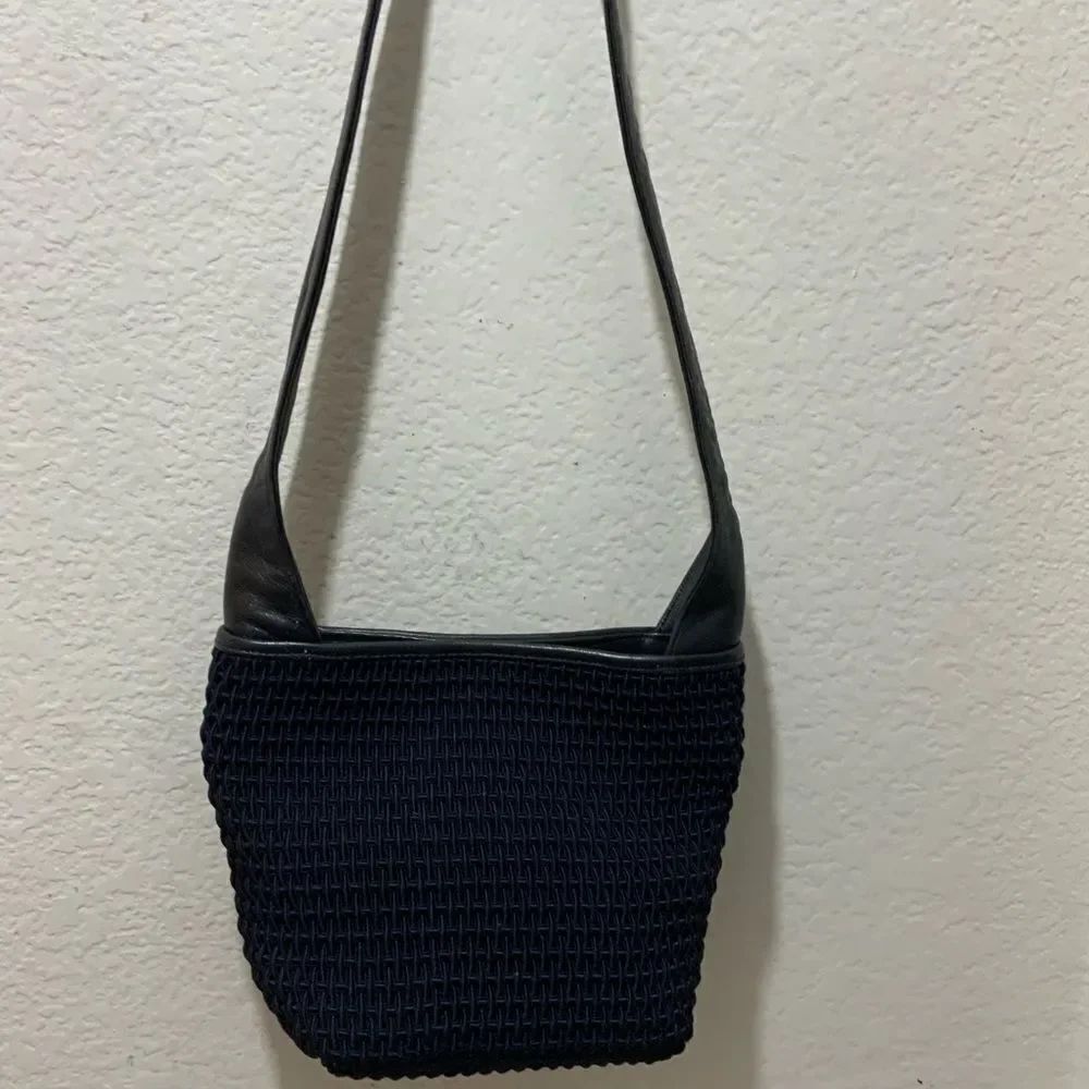 Dillard's Women’s Woven Navy Blue Shoulder Bag Purse Leather trim